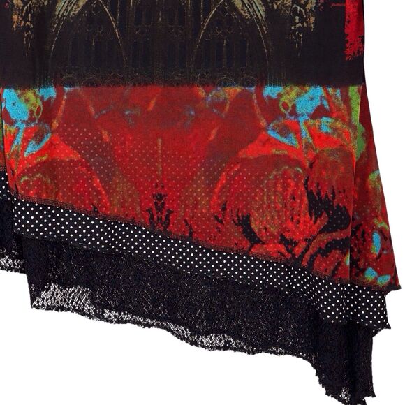 Calessa Graphic Art Print Tunic Red Black Size 1X Asymmetric Lace Hem Lagenlook - Picture 4 of 11